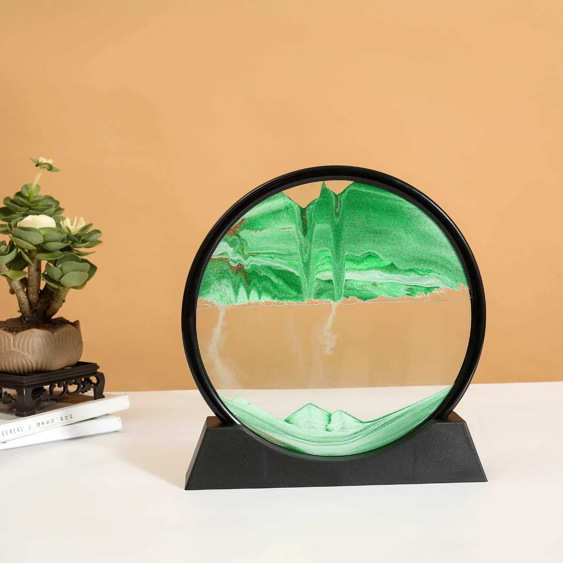 Essentialshouses Black Base-Green / 5 inch 3D Sandscape Moving Sand Art Picture Round Glass Deep Sea Hourglass Quicksand Craft Flowing Sand Painting Office Home Decor Gift