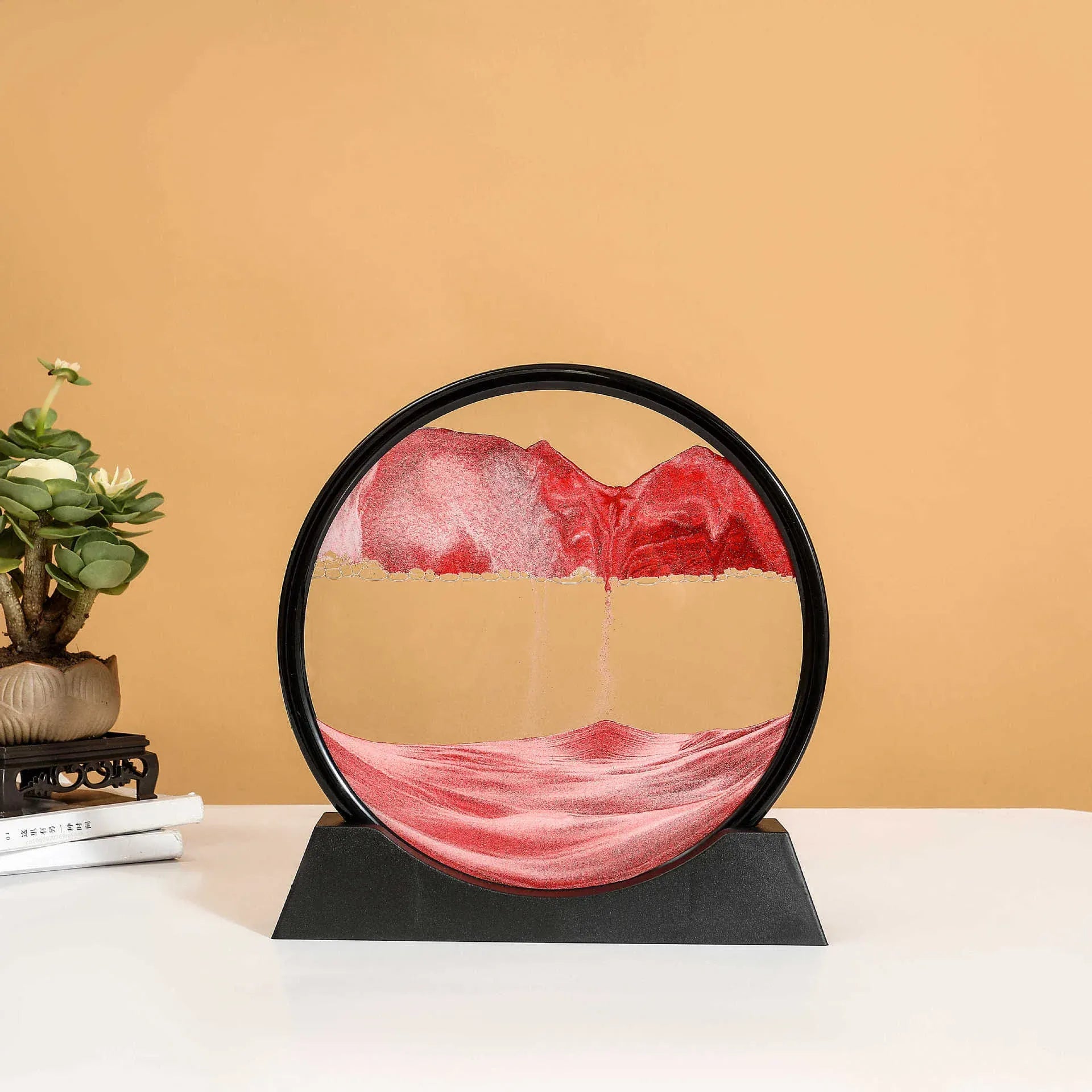 Essentialshouses Black Base-Red / 5 inch 3D Sandscape Moving Sand Art Picture Round Glass Deep Sea Hourglass Quicksand Craft Flowing Sand Painting Office Home Decor Gift