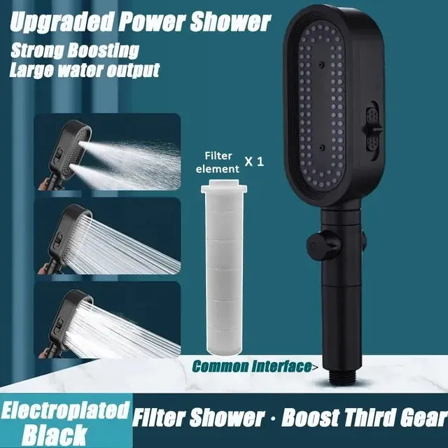 Essentialshouses Black Shower New 3 Modes Shower Head High Pressure Spa Water Saving Hand-Held Water Purifier Filter Hose Bathroom Faucet Mixer Accessories