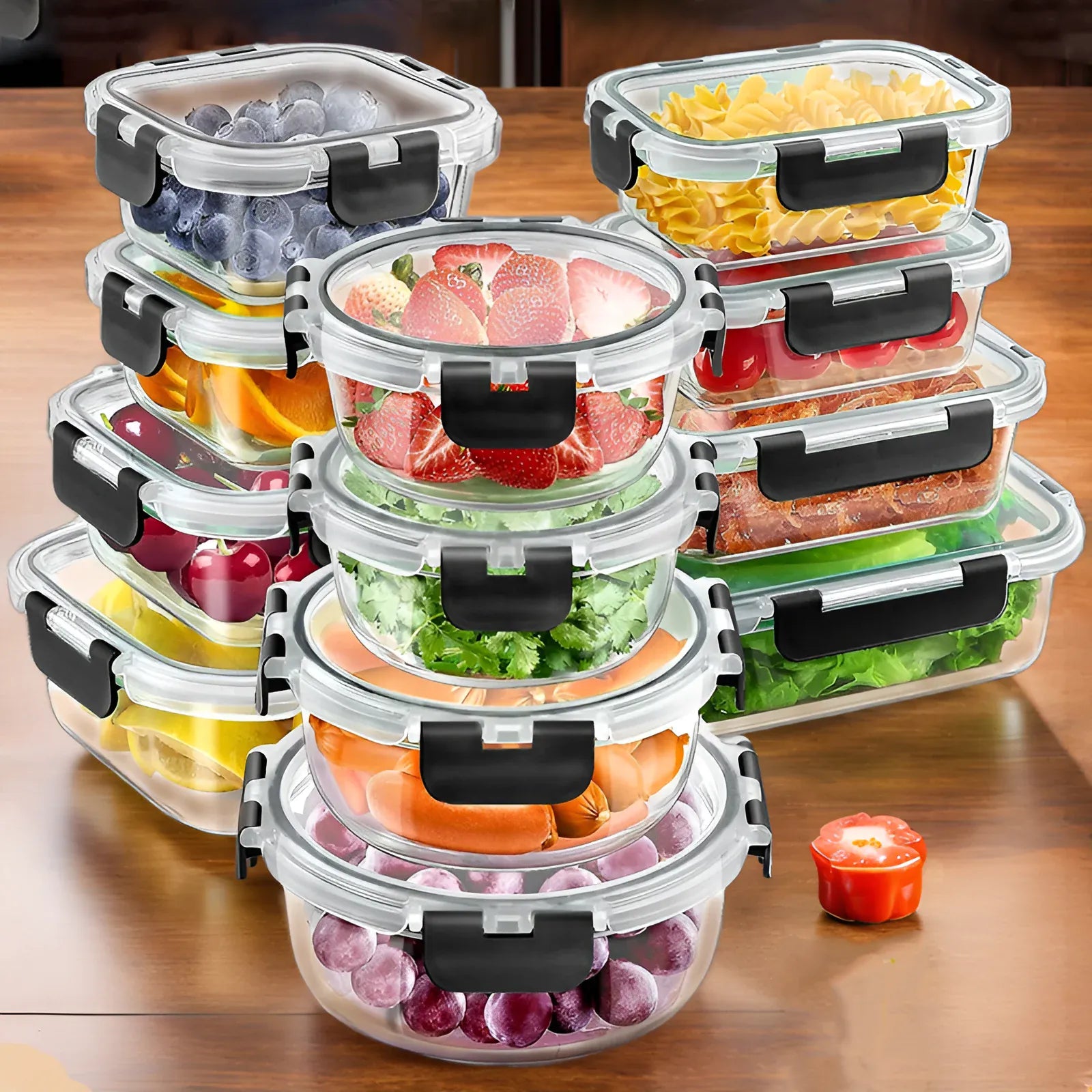 Essentialshouses Black / United States 12pcs Glass Lunch Box Food Storage Containers Meal Prep Airtight Bento Boxes for Microwave Oven Freezer and Dishwasher BPA Free