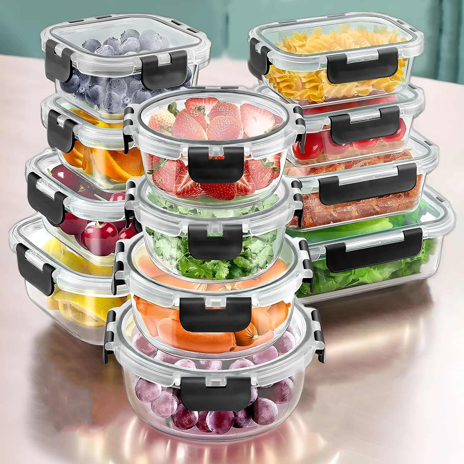 Essentialshouses Black / United States 12pcs Glass Lunch Box Food Storage Containers Meal Prep Airtight Bento Boxes for Microwave Oven Freezer and Dishwasher BPA Free
