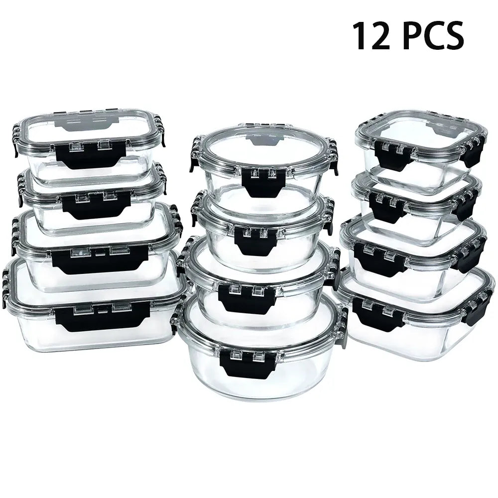 Essentialshouses Black / United States 12pcs Glass Lunch Box Food Storage Containers Meal Prep Airtight Bento Boxes for Microwave Oven Freezer and Dishwasher BPA Free