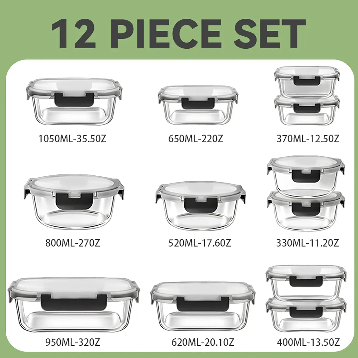 Essentialshouses Black / United States 12pcs Glass Lunch Box Food Storage Containers Meal Prep Airtight Bento Boxes for Microwave Oven Freezer and Dishwasher BPA Free