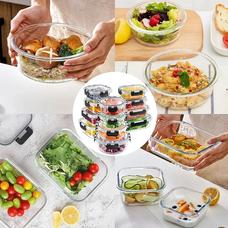 Essentialshouses Black / United States 12pcs Glass Lunch Box Food Storage Containers Meal Prep Airtight Bento Boxes for Microwave Oven Freezer and Dishwasher BPA Free