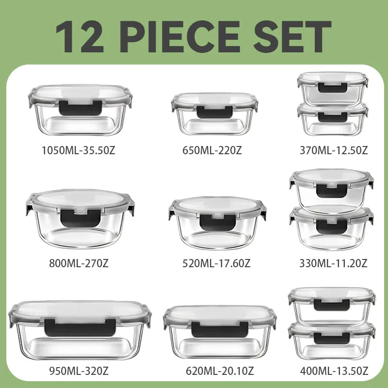 Essentialshouses Black / United States 12pcs Glass Lunch Box Food Storage Containers Meal Prep Airtight Bento Boxes for Microwave Oven Freezer and Dishwasher BPA Free