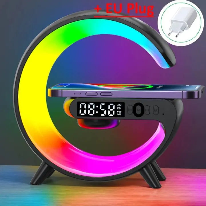 Essentialshouses Black with EU Plug Multifunction Wireless Charger Stand Pad RGB Light Alarm Clock Speaker For iPhone Samsung Xiaomi Mini Fast Charging Dock Station