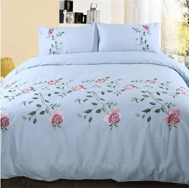 Essentialshouses Blue / Queen-6pcs / Flat Bed Sheet linen Flowers Embroidery Duvet Cover