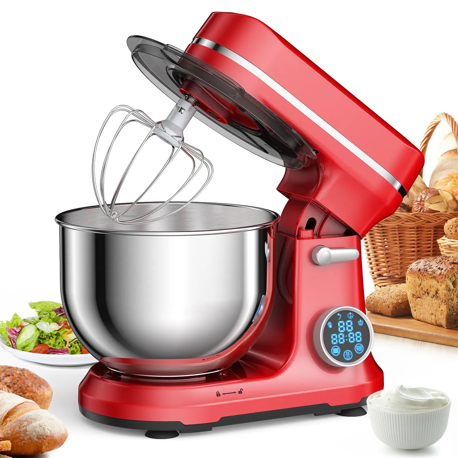 Essentialshouses BM602E  RED / US / United States BioloMix Kitchen Food Stand Mixer, 1200W 11-Speeds DC Motor, Digital OLED Screen, Electric Food Mixer with Dough Hook, Whisk
