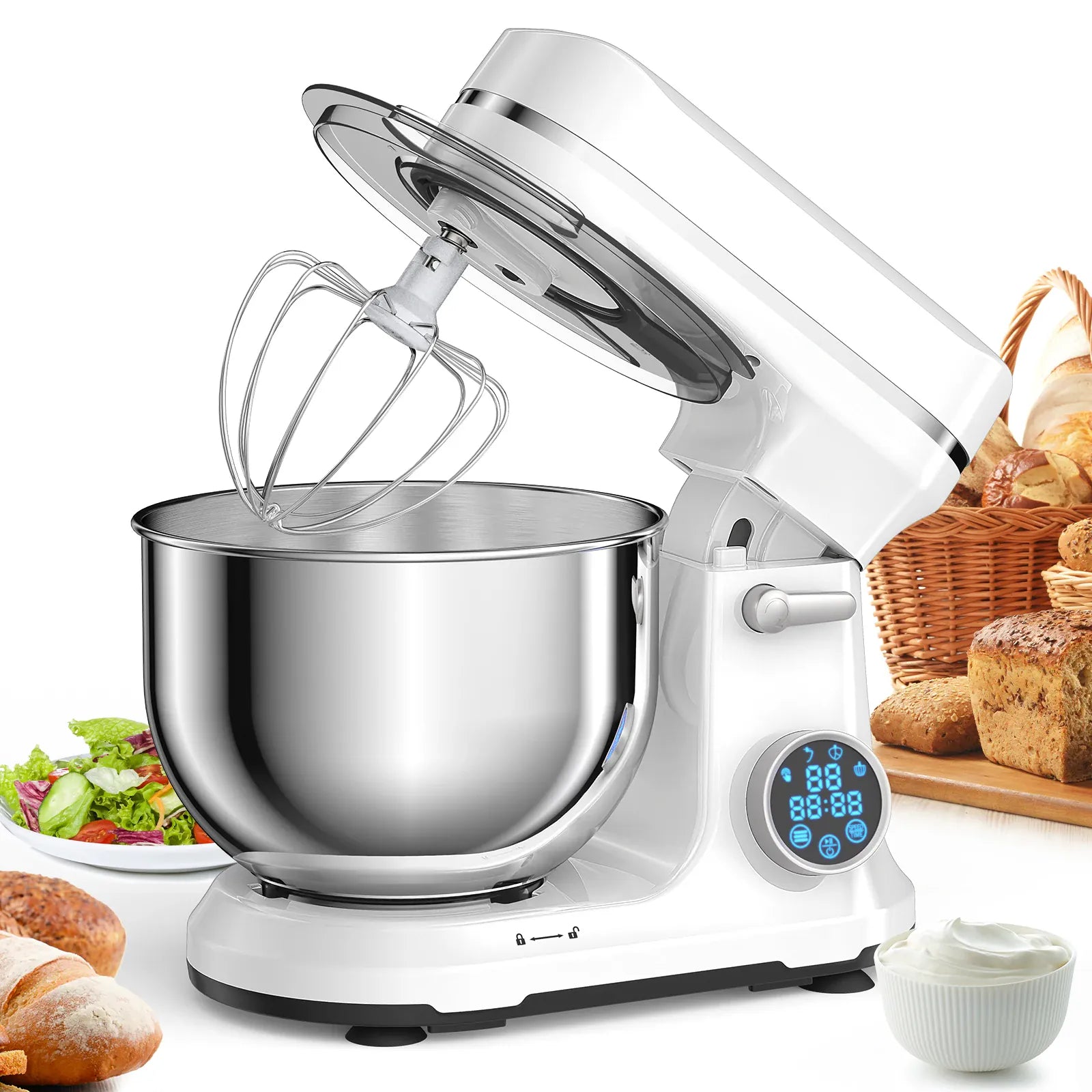 Essentialshouses BM602E  WHITE / US / United States BioloMix Kitchen Food Stand Mixer, 1200W 11-Speeds DC Motor, Digital OLED Screen, Electric Food Mixer with Dough Hook, Whisk