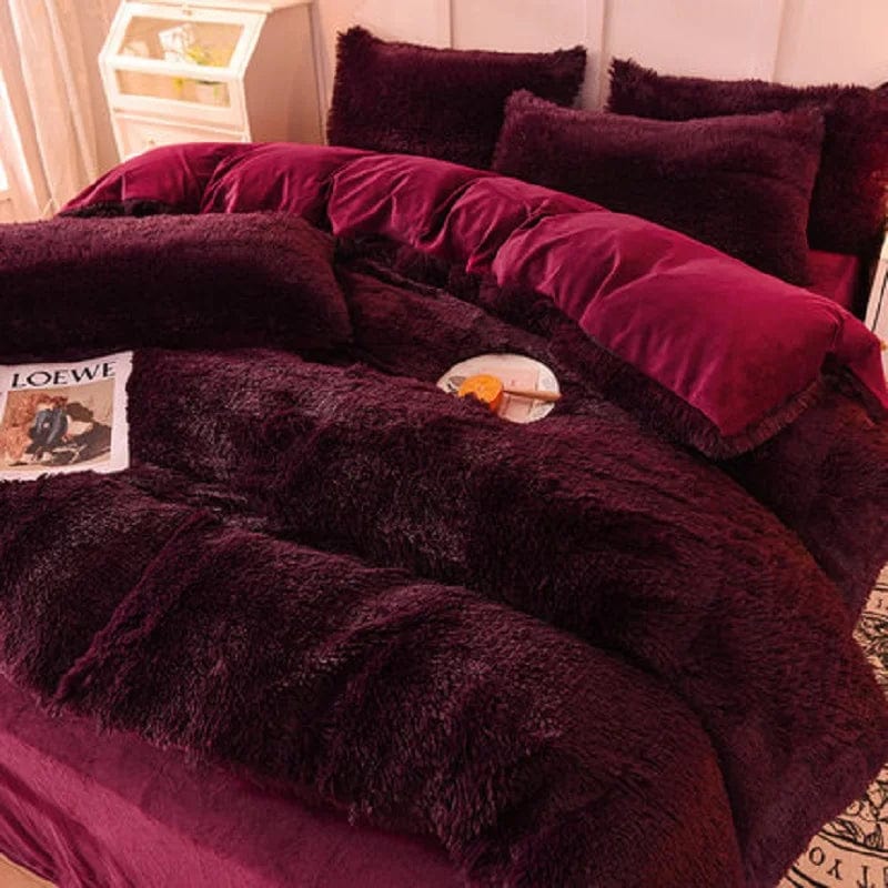 Essentialshouses Burgundy / Queen Rose Red Coral Velvet Bedding Set