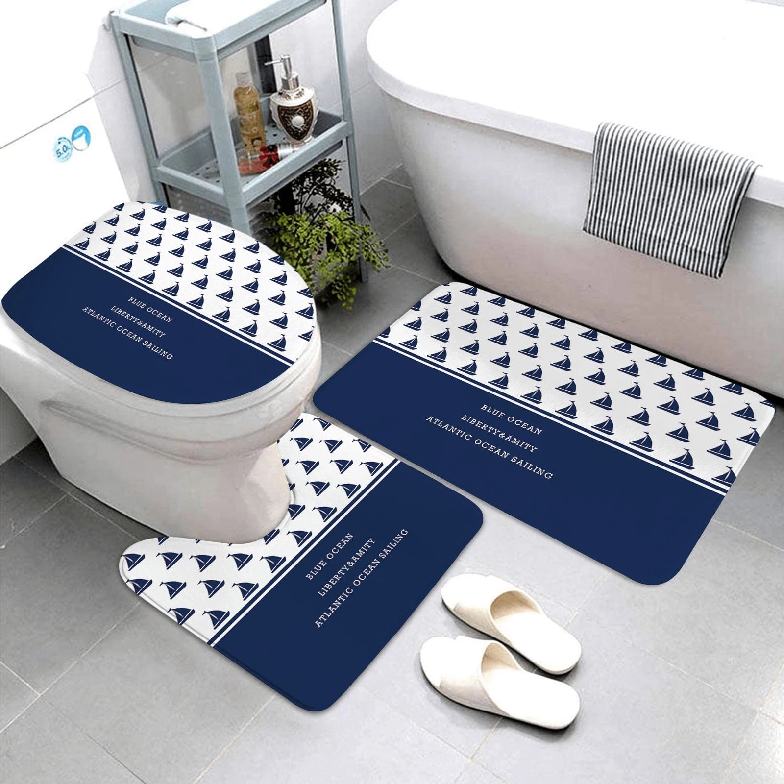 Essentialshouses 🛁 Dark Blue Nautical Series 3-Piece Bathroom Mat Set – Coastal Comfort & Style