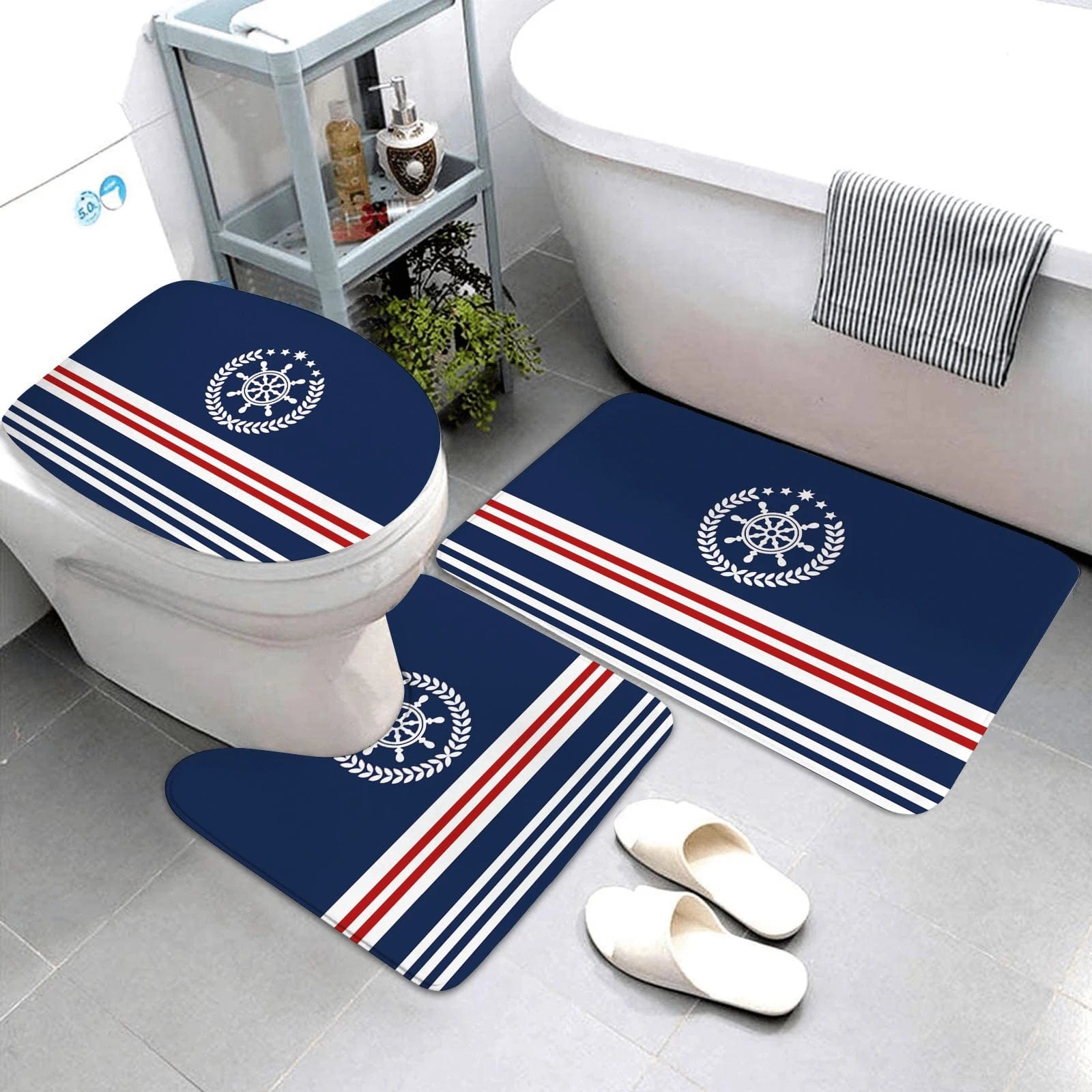 Essentialshouses 🛁 Dark Blue Nautical Series 3-Piece Bathroom Mat Set – Coastal Comfort & Style