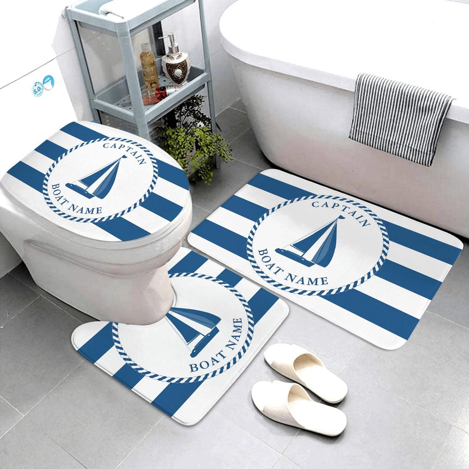 Essentialshouses 🛁 Dark Blue Nautical Series 3-Piece Bathroom Mat Set – Coastal Comfort & Style