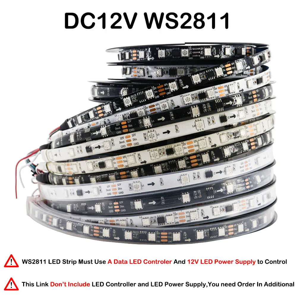 Essentialshouses DC12V WS2811 / Black PCB / 1m 60 IP30 WS2812B WS2815 WS2813 Individually Addressable RGBIC LED Strip WS2811 WS2812 30/60/144Pixels/Leds/m Smart Tape Light DC5V/12V