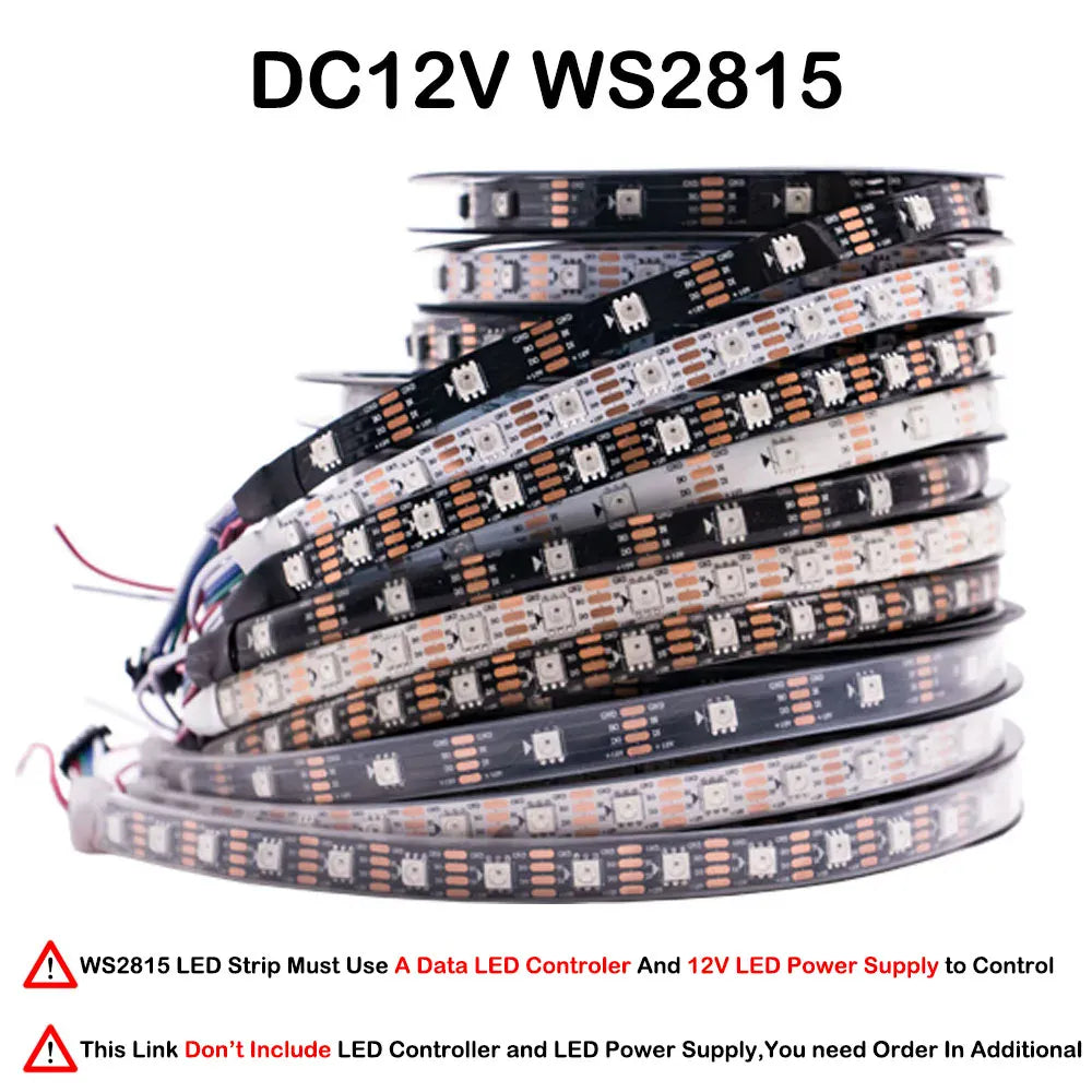 Essentialshouses DC12V WS2815 / Black PCB / 4m 60 IP30 WS2812B WS2815 WS2813 Individually Addressable RGBIC LED Strip WS2811 WS2812 30/60/144Pixels/Leds/m Smart Tape Light DC5V/12V