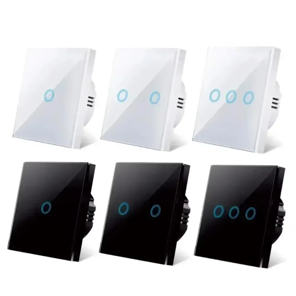 Essentialshouses European AC100-240V Tempered Black White Crystal Glass Touch Switch Panel Wall Light Sensor Button 1/2/3 Gang 10A Interrupt