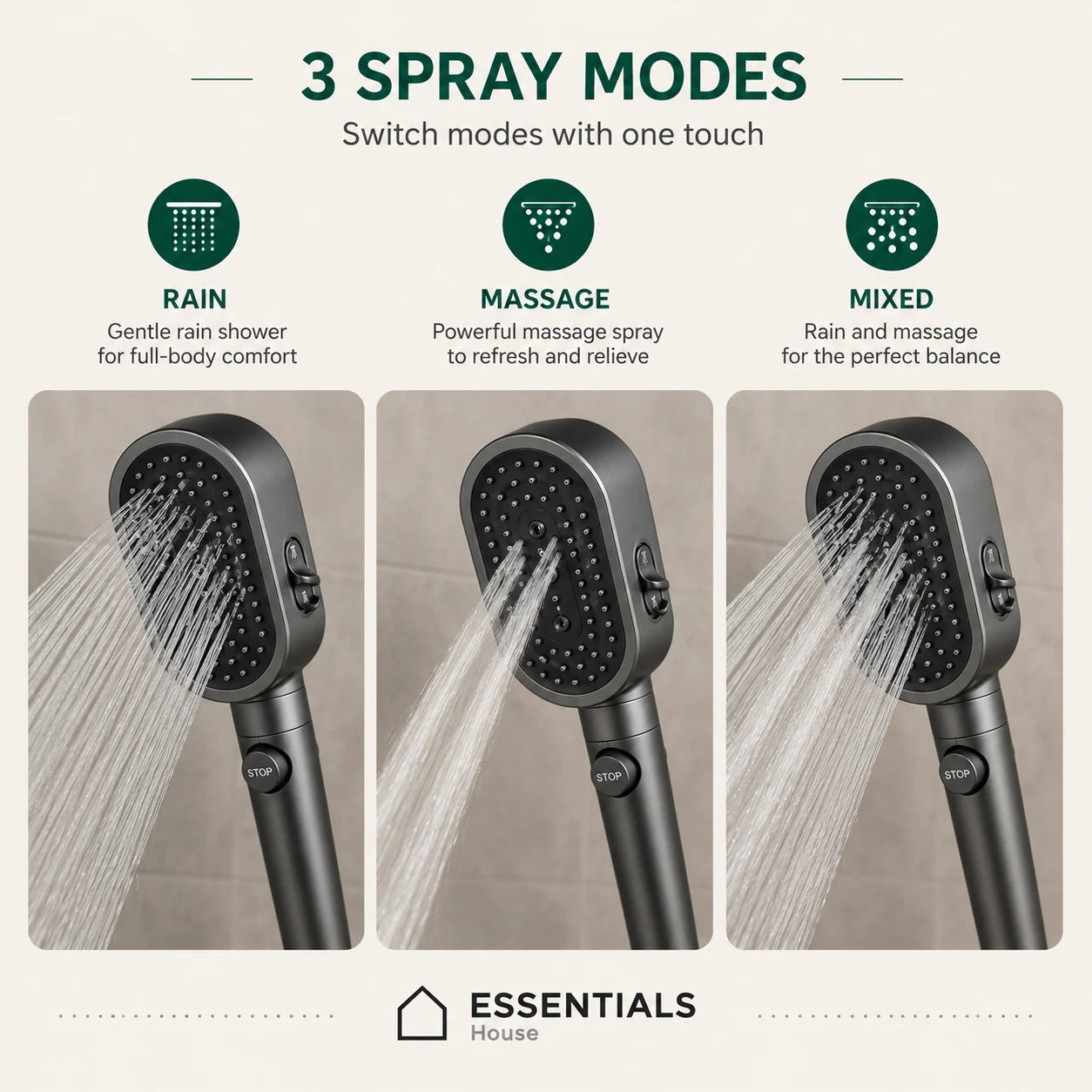 A promotional graphic for a handheld shower head showing three spray modes: Rain, Massage, and Mixed. The image features three panels demonstrating the water spray patterns from a matte black shower head, with text labels and icons explaining each mode.