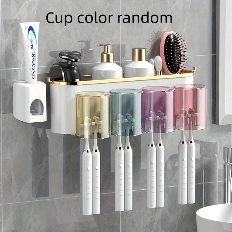 Essentialshouses Four With Squeezer Toothbrush Holder With Squeezer Perforation-free Bathroom Shelf Mouthwash Cup Toothbrush Holder