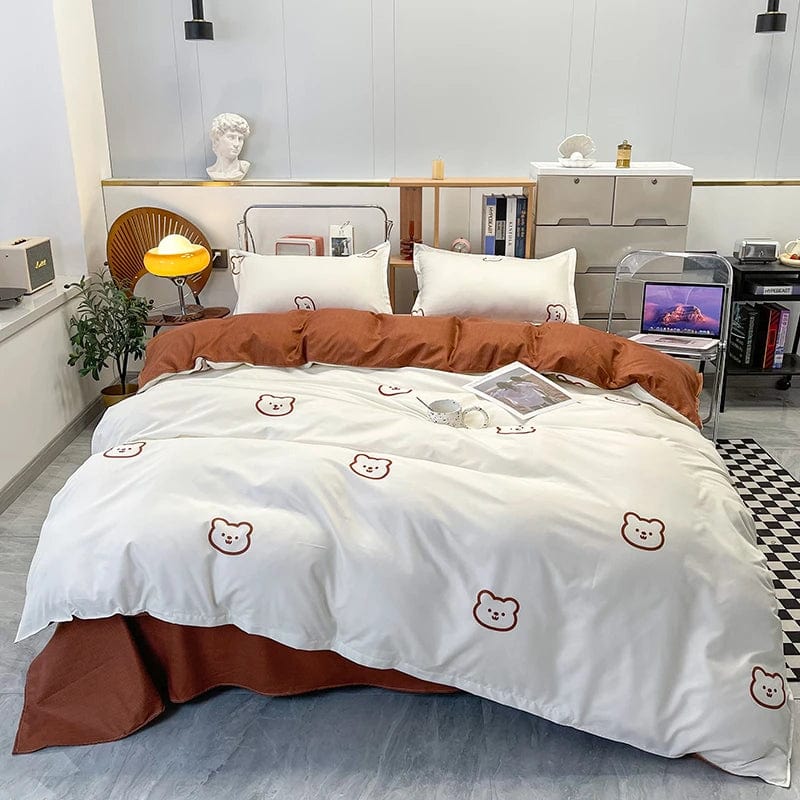 Essentialshouses Gray Pink Bear Pattern Duvet Cover
