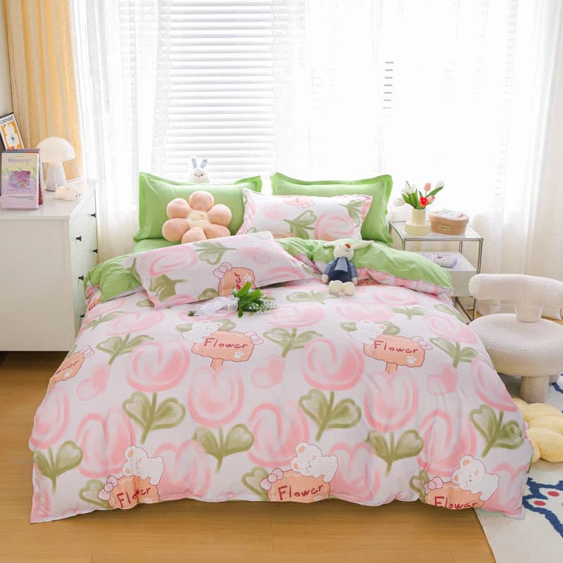 Essentialshouses Gray Pink Bear Pattern Duvet Cover