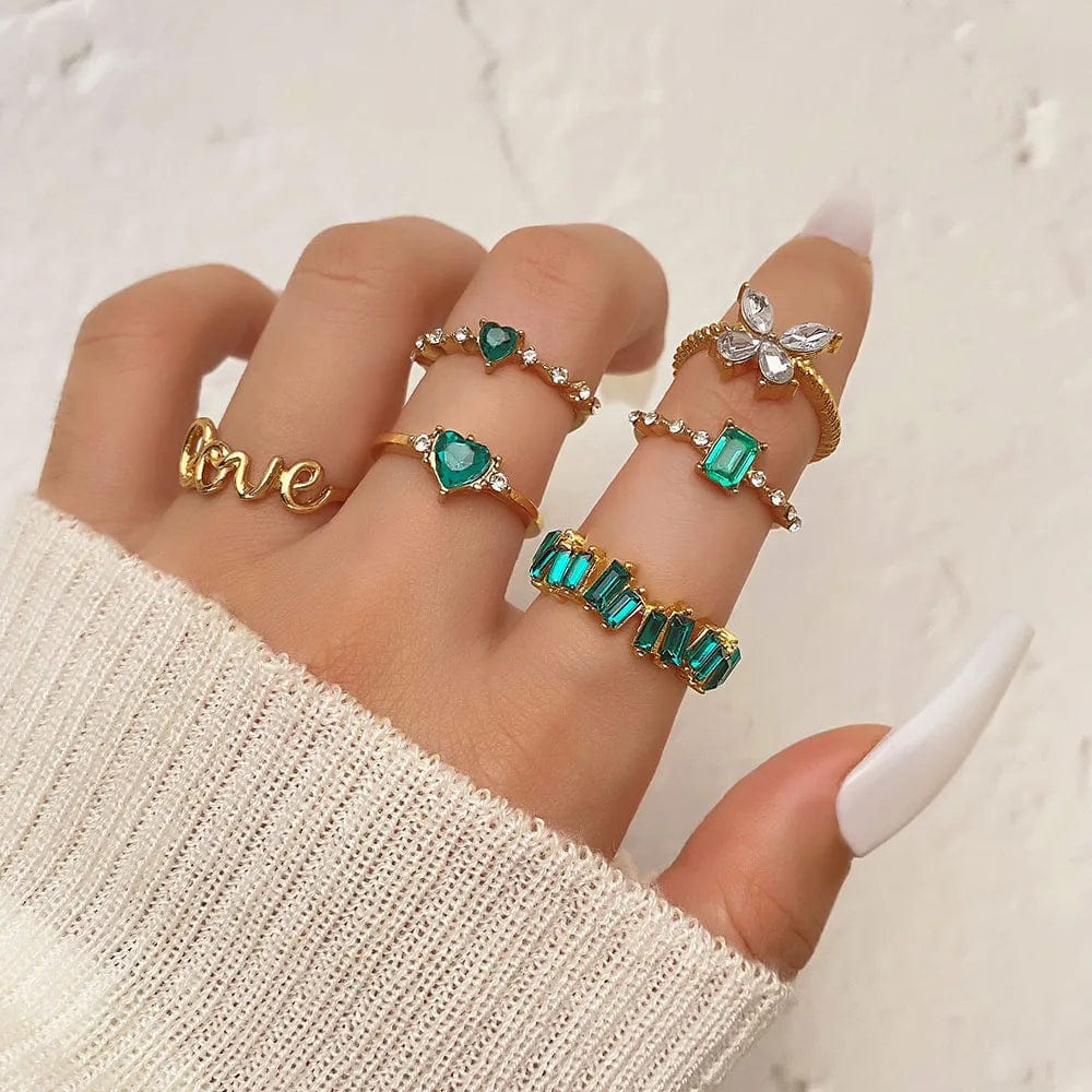Essentialshouses Green Crystal Rings Set