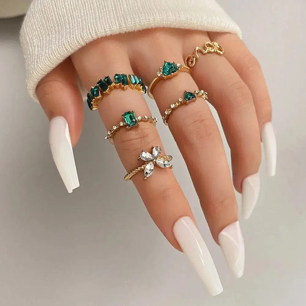 Essentialshouses Green Crystal Rings Set