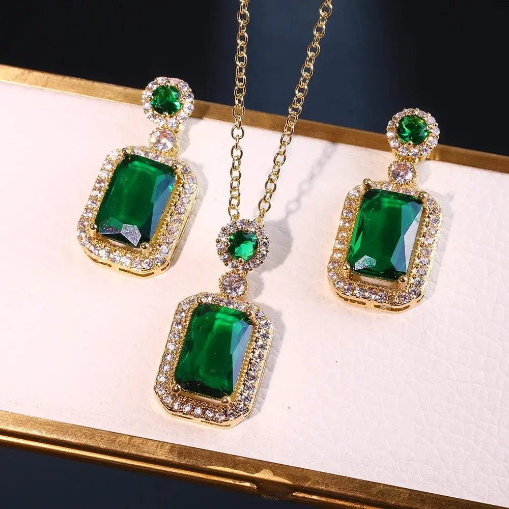 Essentialshouses Green sets 2pcs Emerald 18k Gold Plated Jewelry Sets