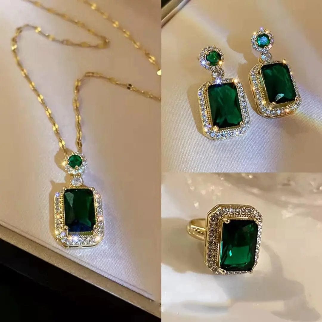Essentialshouses Green sets 3pcs Emerald 18k Gold Plated Jewelry Sets