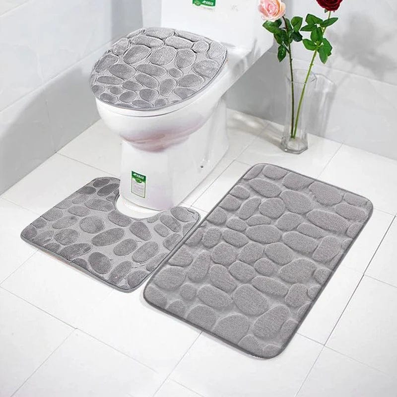 Essentialshouses grey-3PCS 🛁 Cobblestone Embossed Memory Foam Bath Mat – Soft, Supportive, and Safe
