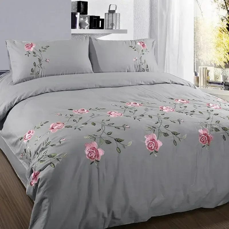 Essentialshouses grey / Queen-6pcs / Flat Bed Sheet linen Flowers Embroidery Duvet Cover