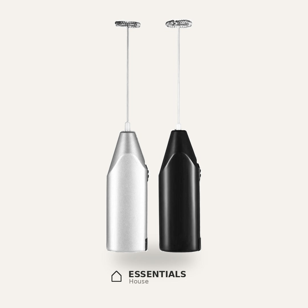 Black and silver handheld electric milk frothers with stainless steel whisk heads for coffee, lattes, cappuccinos, and milk foam.