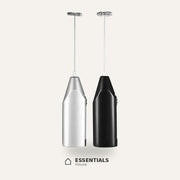 Black and silver handheld electric milk frothers with stainless steel whisk heads for coffee, lattes, cappuccinos, and milk foam.