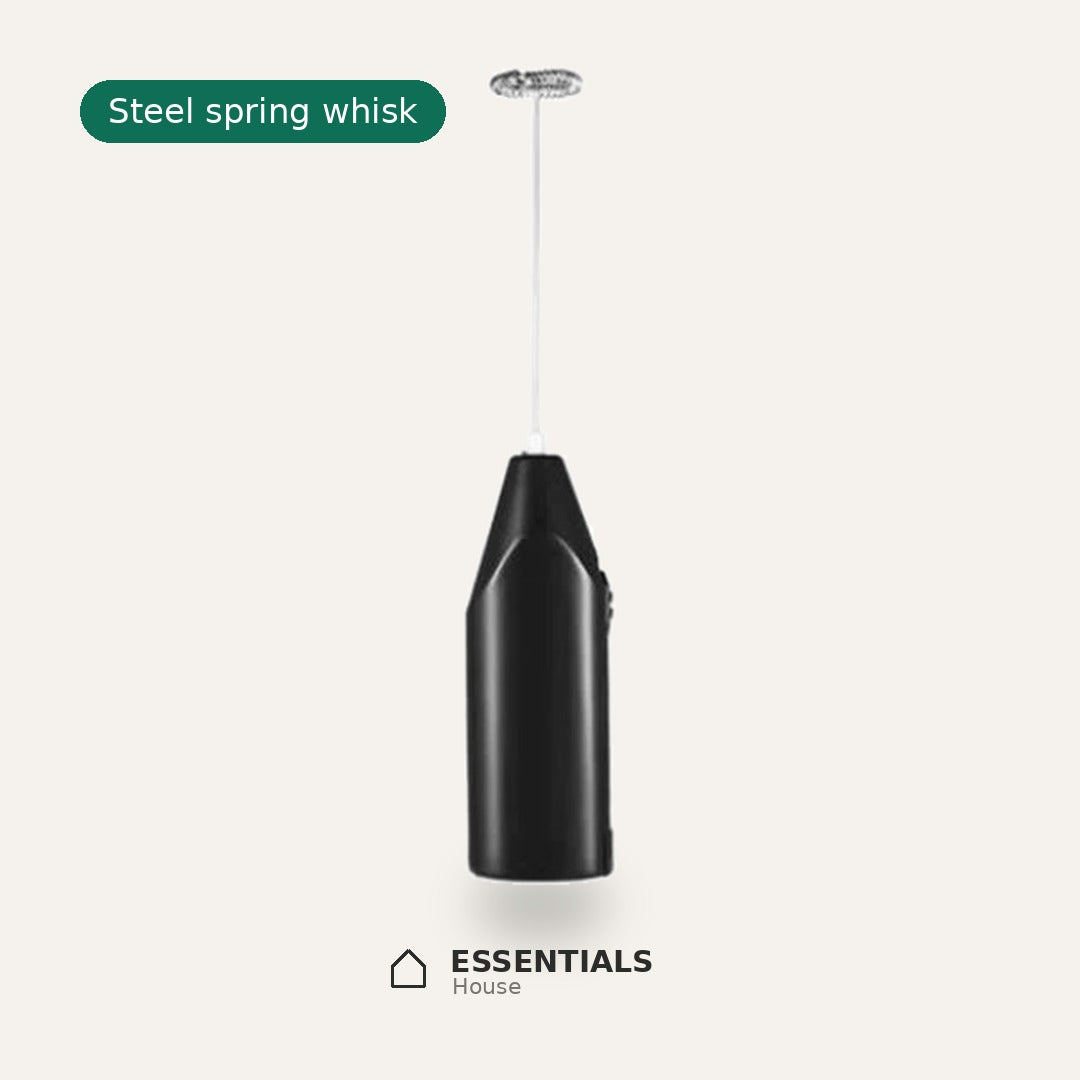 Black handheld electric milk frothers with stainless steel whisk heads for coffee, lattes, cappuccinos, and milk foam.