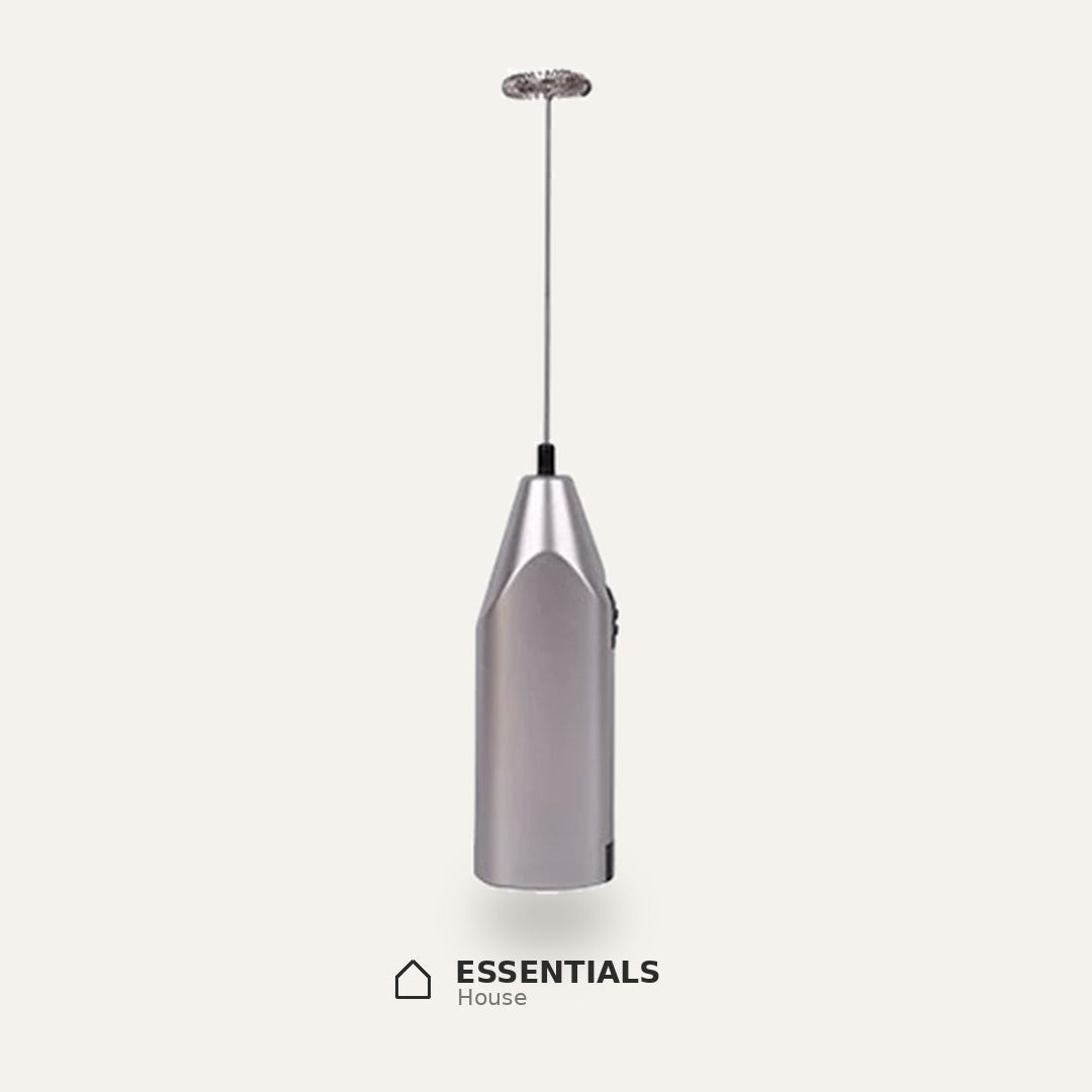 silver handheld electric milk frothers with stainless steel whisk heads for coffee, lattes, cappuccinos, and milk foam.