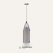 silver handheld electric milk frothers with stainless steel whisk heads for coffee, lattes, cappuccinos, and milk foam.