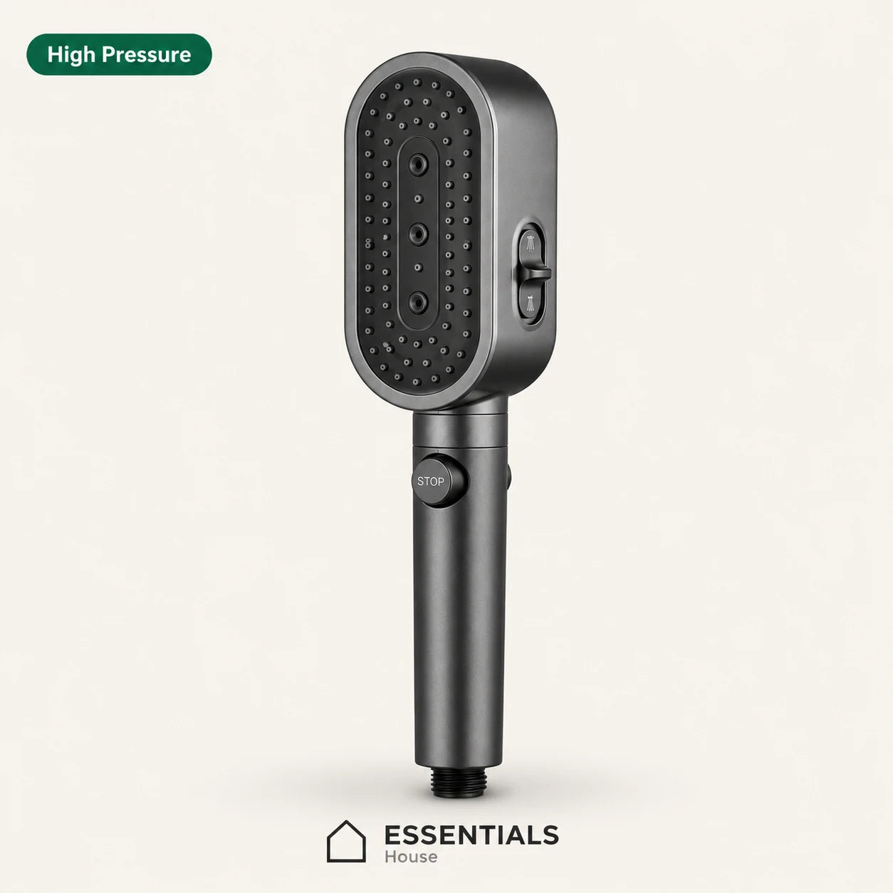 A dark gray handheld shower head with multiple spray nozzles, shown on a light beige background with 'High Pressure' text in the top-left and the 'ESSENTIALS House' logo at the bottom.