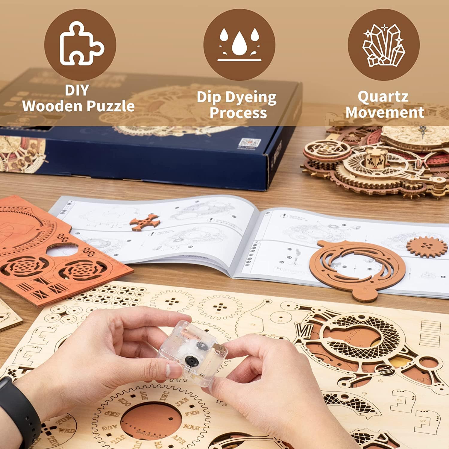 Essentialshouses Home & Décor LC601 Robotime ROKR Time Art Zodiac Wall Clock 3D Wooden Puzzle Games Model Building Kits Toys For Children Kids