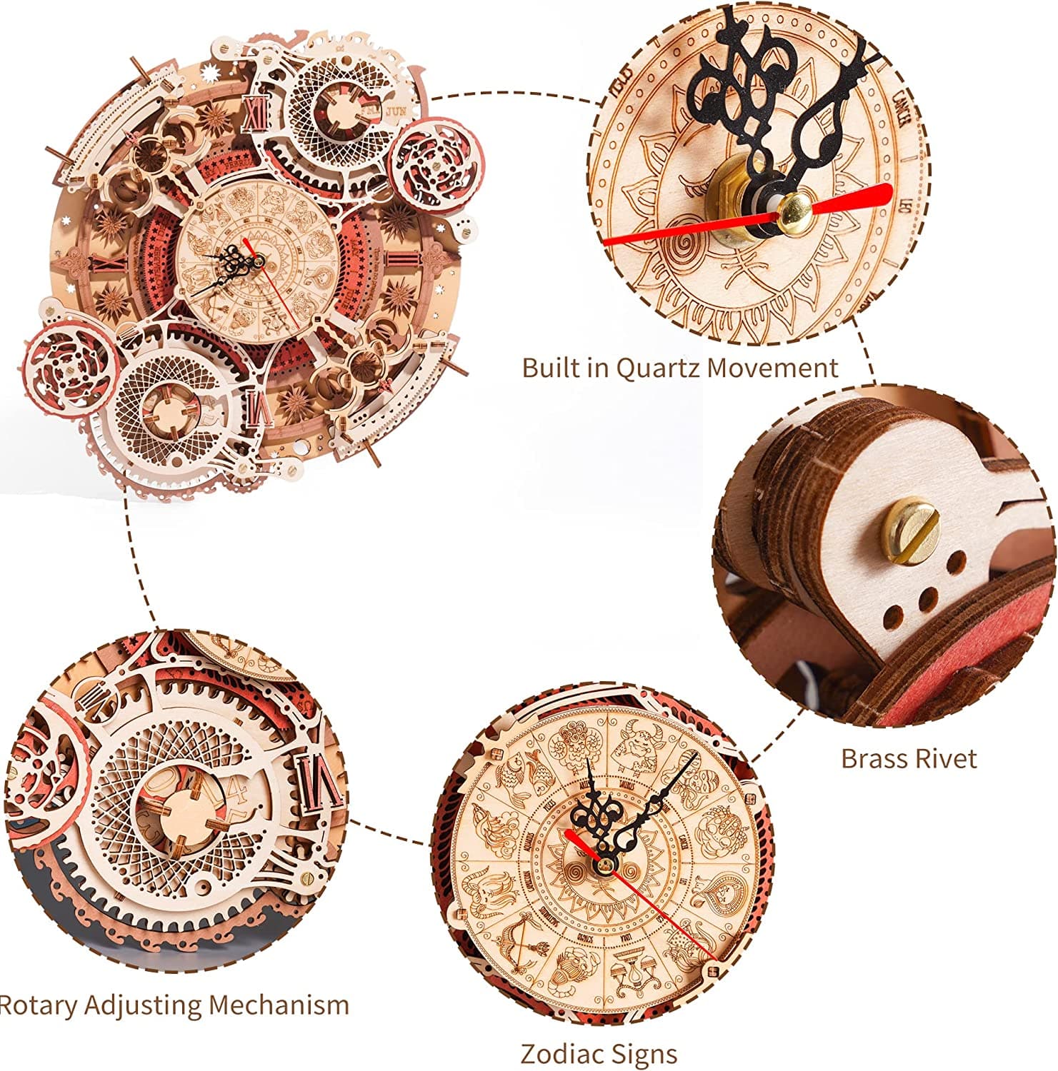 Essentialshouses Home & Décor LC601 Robotime ROKR Time Art Zodiac Wall Clock 3D Wooden Puzzle Games Model Building Kits Toys For Children Kids