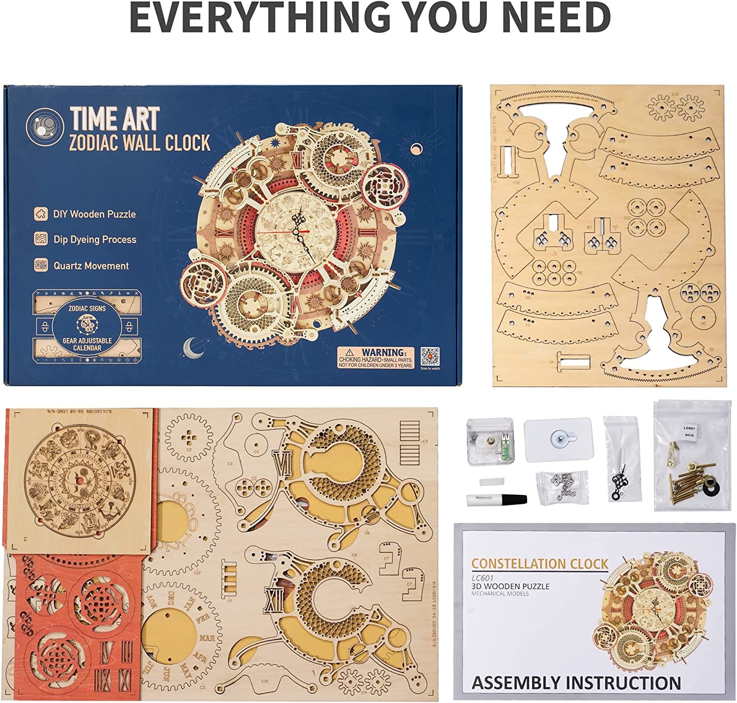 Essentialshouses Home & Décor LC601 Robotime ROKR Time Art Zodiac Wall Clock 3D Wooden Puzzle Games Model Building Kits Toys For Children Kids