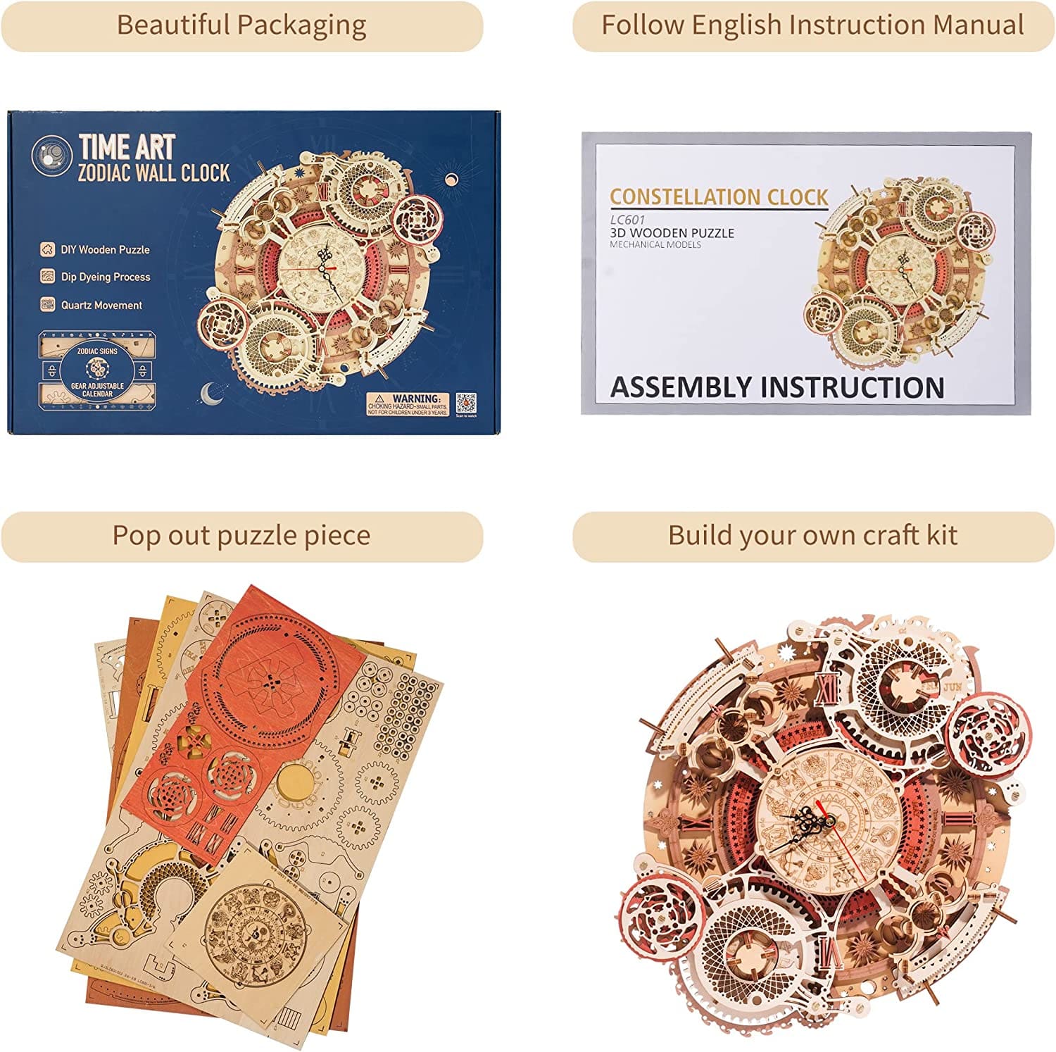 Essentialshouses Home & Décor LC601 Robotime ROKR Time Art Zodiac Wall Clock 3D Wooden Puzzle Games Model Building Kits Toys For Children Kids
