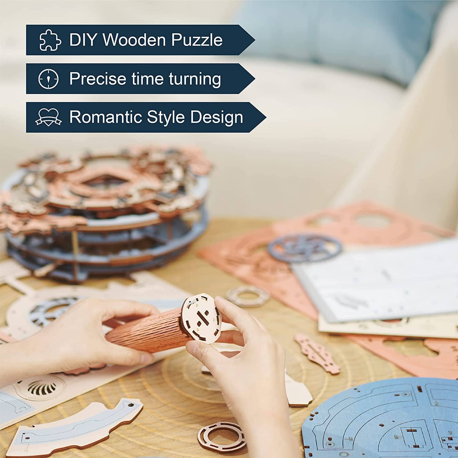 Essentialshouses Home & Décor LC701 Robotime ROKR 3D Wooden Puzzle Time Art Romantic Notes Wall Clock Model Toys For Children Kids - LC701