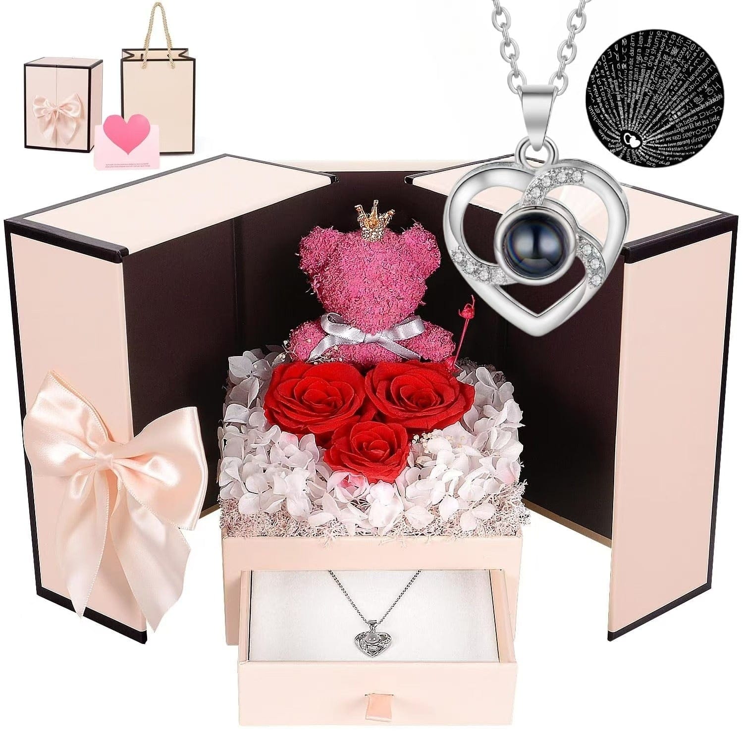 Essentialshouses Jewelry Necklace Pink Bear Gift Box Languages I Love You Necklace Love 520 Projection Pendant Clavicle Chain