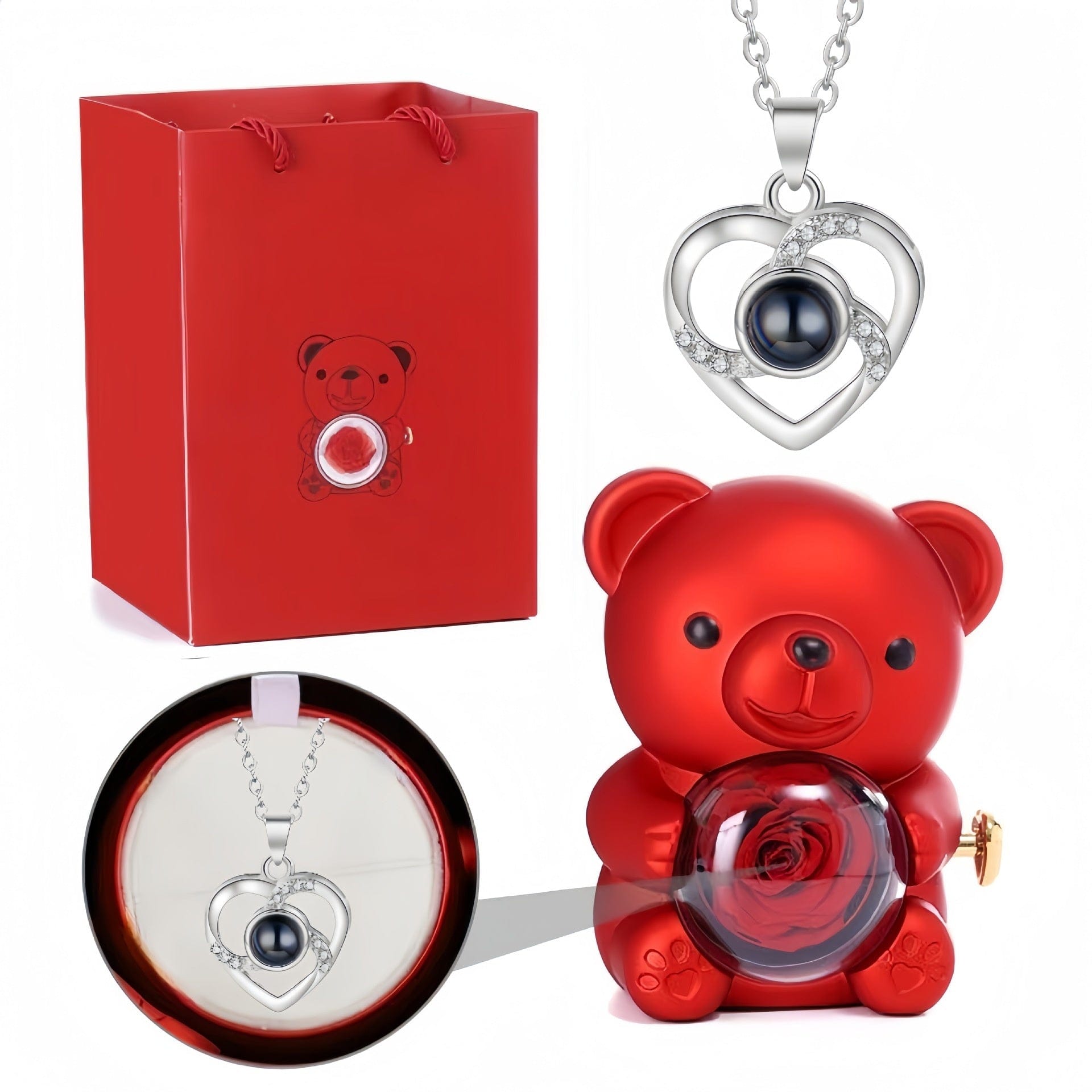 Essentialshouses Jewelry Necklace Red Bear Gift Box Languages I Love You Necklace Love 520 Projection Pendant Clavicle Chain