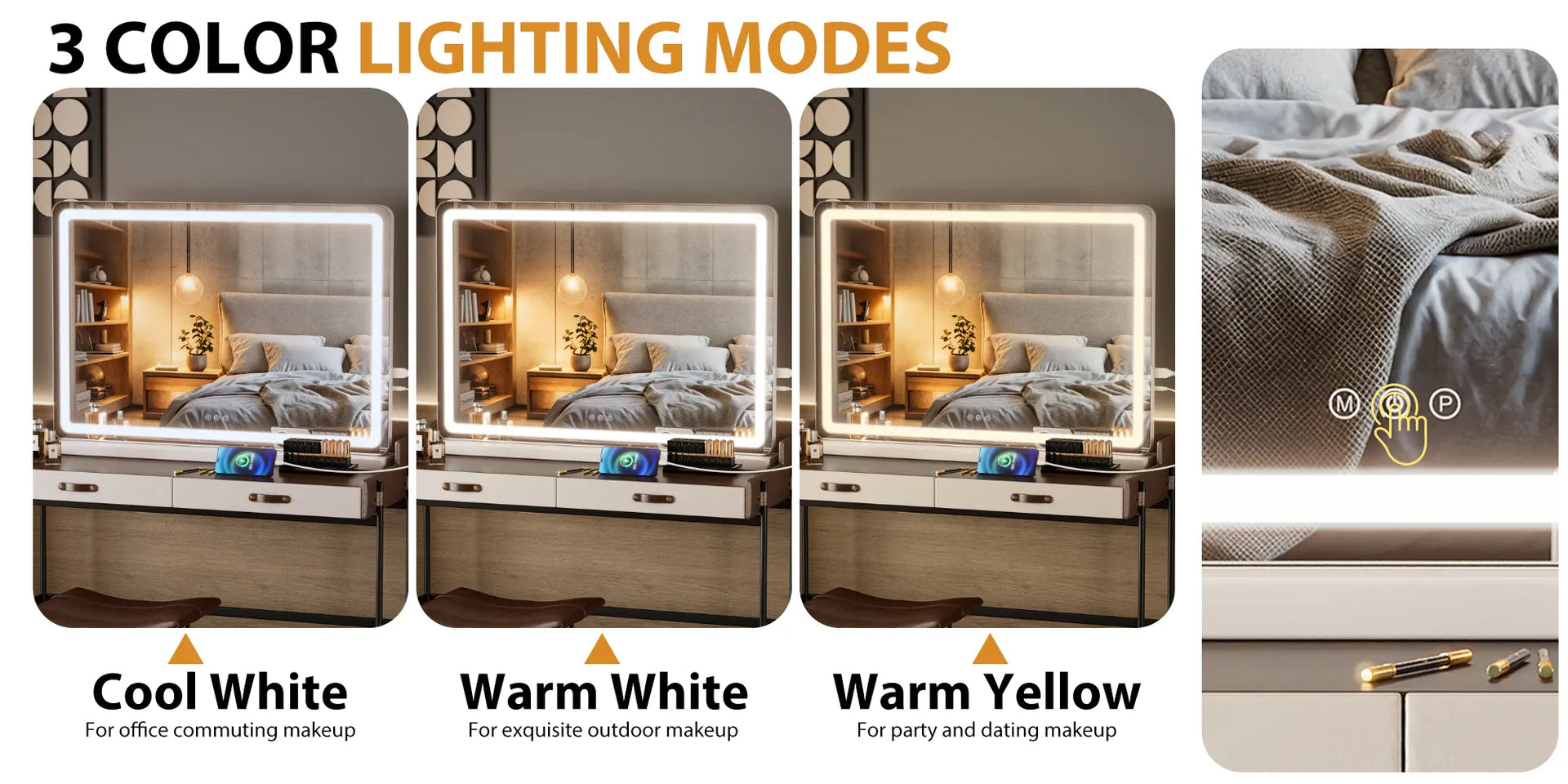 Essentialshouses JHK LED Vanity Mirror with Lights Aluminum Frame Bathroom Mirror Dimmable 3 Color Modes Makeup Mirror Memory Function Bedroom