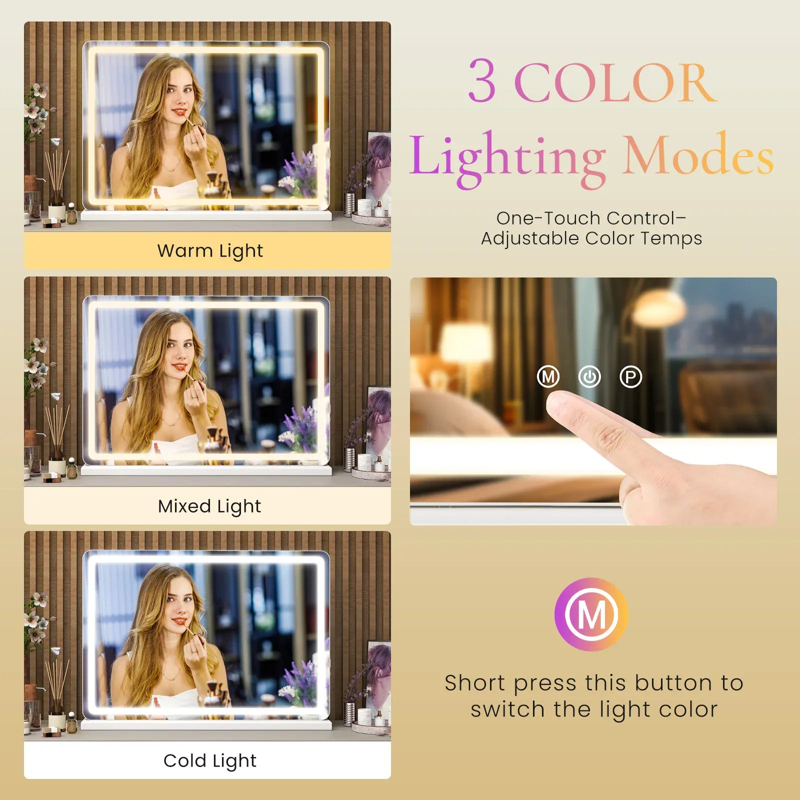 Essentialshouses JHK LED Vanity Mirror with Lights Aluminum Frame Bathroom Mirror Dimmable 3 Color Modes Makeup Mirror Memory Function Bedroom