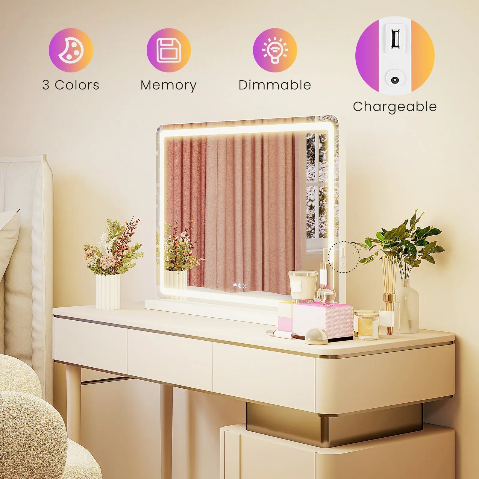 Essentialshouses JHK LED Vanity Mirror with Lights Aluminum Frame Bathroom Mirror Dimmable 3 Color Modes Makeup Mirror Memory Function Bedroom