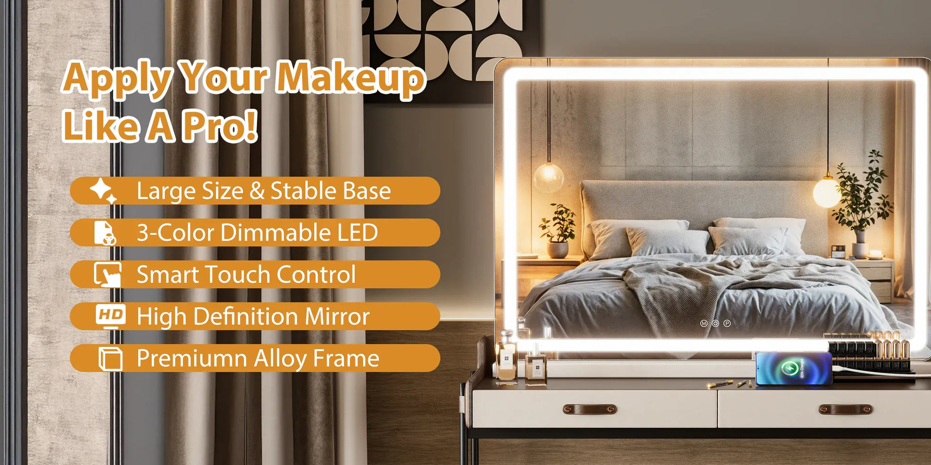 Essentialshouses JHK LED Vanity Mirror with Lights Aluminum Frame Bathroom Mirror Dimmable 3 Color Modes Makeup Mirror Memory Function Bedroom
