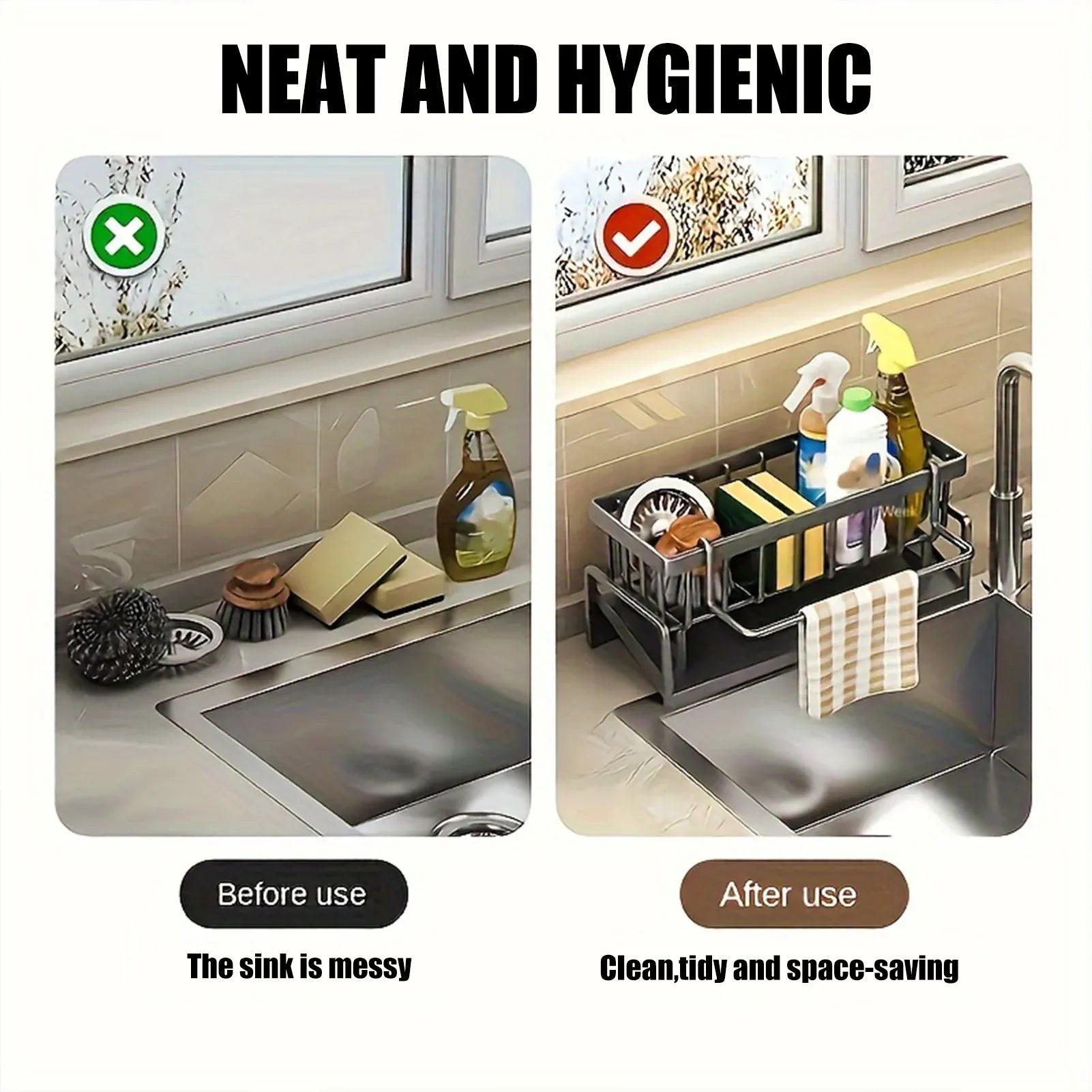 Essentialshouses Kitchen Sink Organizer Countertop Rack Multifunctional Sponge/Cleaning Cloth/Brush Holder Drain Rack Dish Soap Storage
