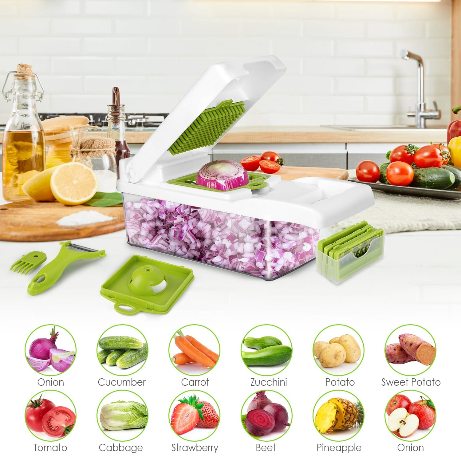 Essentialshouses Kitchen Tools & Gadgets Green White 1Set 12 In 1 Vegetable Chopper With Container Kitchen Food Slicer Dicer Grater Peeler Egg Separator Hand Protector For Onion Salad Potato