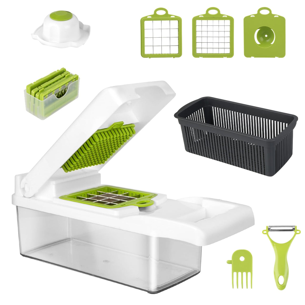 Essentialshouses Kitchen Tools & Gadgets Green White 1Set 12 In 1 Vegetable Chopper With Container Kitchen Food Slicer Dicer Grater Peeler Egg Separator Hand Protector For Onion Salad Potato
